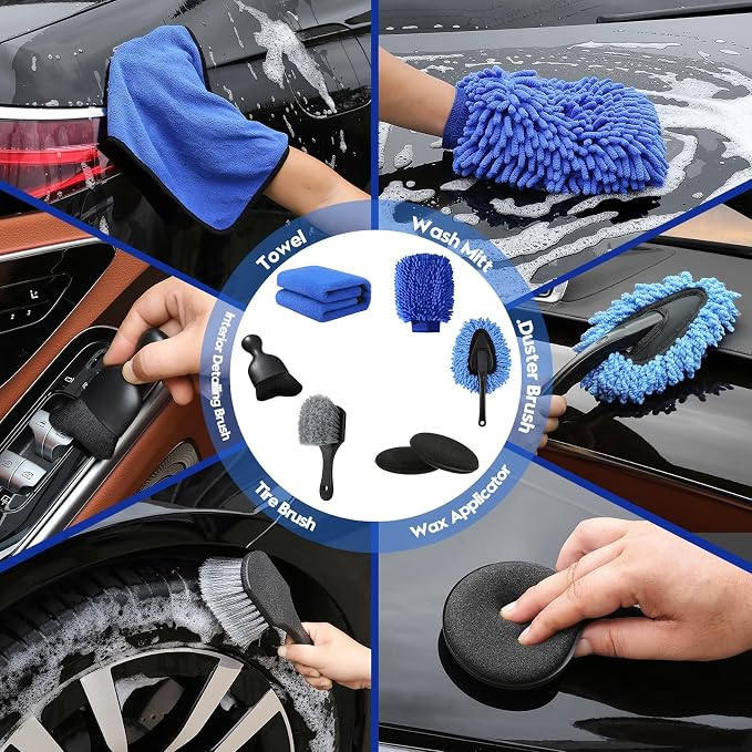 Qydipclin 39Pcs Car Detailing Kit, Car Detailing Brush Set, Car Wash Cleaning Kit, Car Detailing Brushes, Professional Car Care Kit for Interior Exterior Wheels, Blue