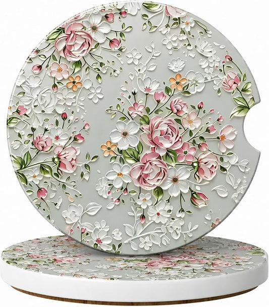 2Pack Car Cup Holder Coasters Absorbent Ceramic Coaster 2.56" for Women & Men Auto Flower Car Accessories