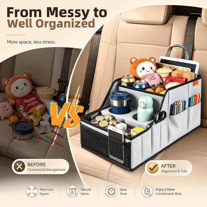 Car Seat Organizer Back Front Captains Seats Storage Travel | Car Organizer, Back Seat Car Organizer, Car Seat Organizer Front Seat – 9 Compartments, 2 Cup Holders – Foldable