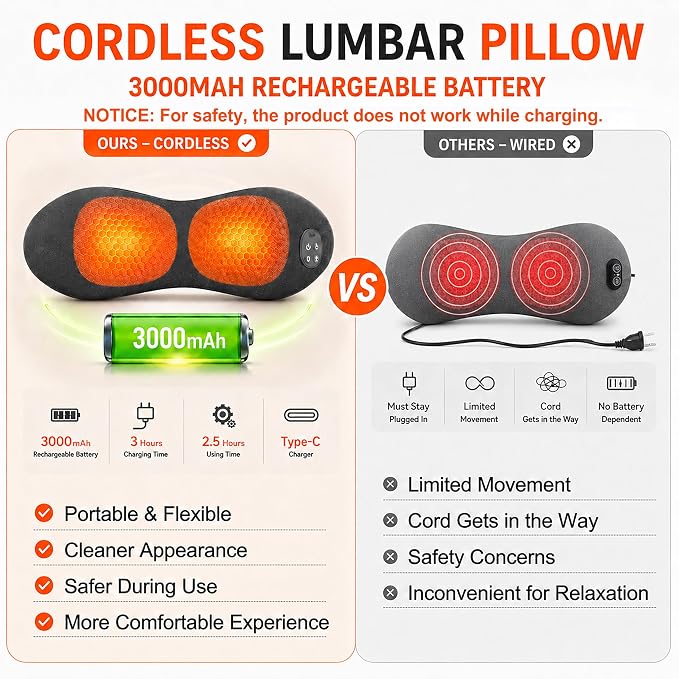 Upgraded 3-in-1 Triple Fusion Back Massager, Cordless Lumbar Support Pillow with Heat, Massage, Electric Stretch for Pain Relief, Lower Back Massager with 3000mAh Rechargable for Bed Office Chair Car
