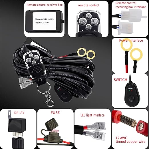 LED Driving Light Bar Remote Control Wiring Harness Kit 400W 12AWG Cable Heavy Duty 1Lead, DC12V - On-Off Switch, Power Relay & Blade Fuse, Compatible with LED Offroad Driving Light Bars