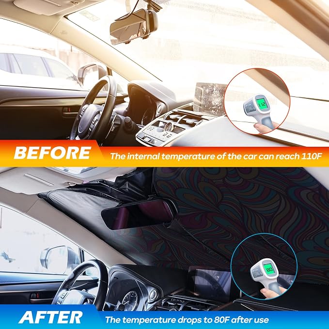 Car Windshield Sun Shade - Reflector Sunshade Offers Ultimate Protection for Car Interior, Cool Reflective Sun Blocker Fits Small Sedans, Mini SUVs