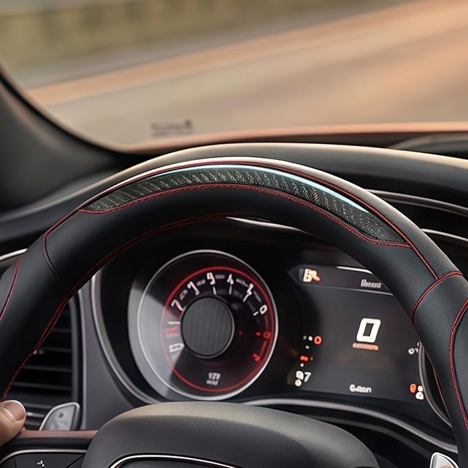 Leather Car Steering Wheel Cover, 14.5-15Inch Anti-Slip Steering Wheel Cover, Universal for Cars Truck SUV, Car Accessories (Black - red line)
