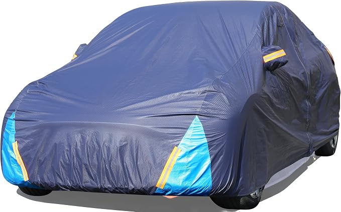 Tesla Model 3 Car Cover Waterproof All Weather, 6 Layers Outdoor Full Exterior Cover Rain Sun UV Snowproof Protection with Zipper Cotton, Mirror Pocket and Charging Port