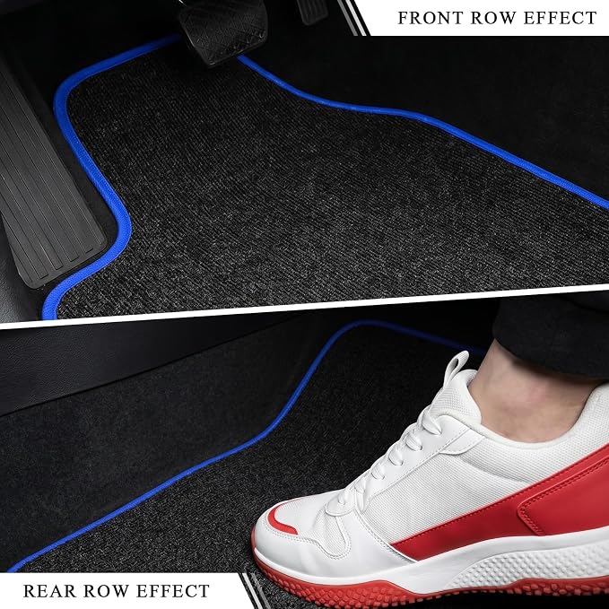 4PCS Car Floor Mats, Anti-Slip Waterproof Car Carpets with Safety Heel Pad, Heavy Duty Floor Mat for All Weather Protection, Universal Trim to Fit for Sedans Trucks SUVs (Black & Blue)