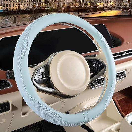 Nappa Leather Ice Silk Fabric Blue Steering Wheel Cover | Non-Slip Breathable Soft Car Accessories, Warm in Winter and Cool in Summer, Small 13.5 inch to 14 inch for Prius Golf Cart