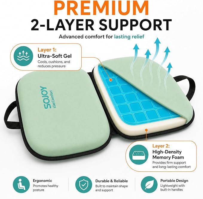 Sojoy 3-in-1 Foldable Gel Seat Cushion with Memory Foam Ergonomic Portable Cushion for Back Pain & Tailbone Relief - Perfect for Office Chair, Airplane Travel & Stadium Seats (18.5" x 15" x 2" Green)