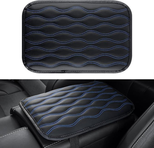Amiss Car Center Console Cover, Upgraded Leather Car Armrest Cushion, Universal Waterproof Cushion Pad, Non-Slip Car Interior Accessories, Fits Most Sedans SUVs Trucks (Blue Line)