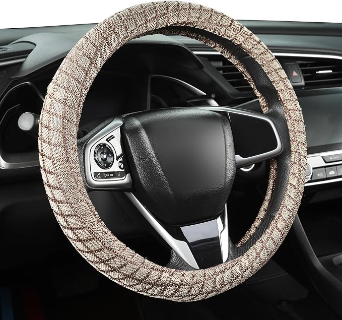 Auto Newer Breathable Steering Wheel Cover Suitable For Four Seasons，Anti-Slip Design，Odorless，Easy Carry Unviersal Fit for Truck SUV Sedans Vans，Interior Accessories Standard Size[14" 1/2-15"]（Beige）