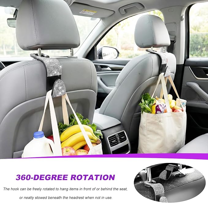 2 PCS Car Seat Headrest Hook, Crystal Rhinestone Seat Hanger Auto Interior Purse Holder, Bling Vehicle Backseat Hangers for Grocery Bags Handbags Coats, Car Accessories (Silver)