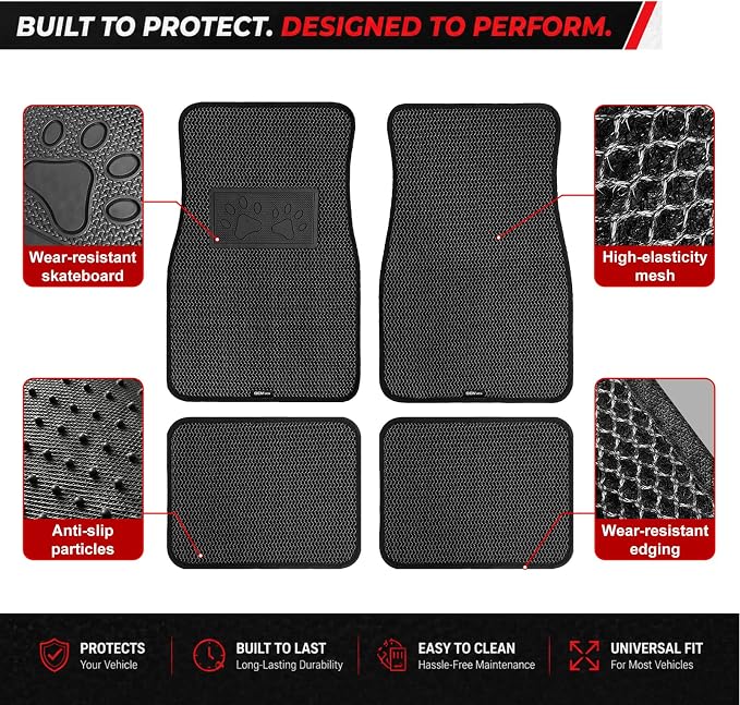 Universal Car Floor Mats, 3D Mesh Fabric All Weather Waterproof Car Floor Liners,With Anti-Slip Granule Backing&Driver Heel Pad,Efficient Dust&Dirt Resistant for Sedan,SUV,Truck,Van,Set of 4pcs