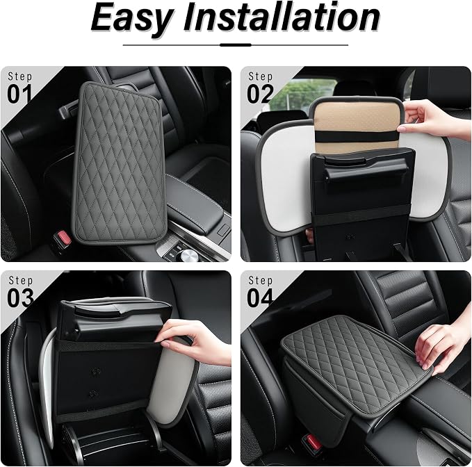 Amiss Car Center Console Cover, Upgraded Leather Car Armrest Cushion with 2 Storage Pockets, Universal Waterproof Cushion Pad, Non-Slip Car Interior Accessories, Fits Most Sedans SUVs Trucks (Gray)