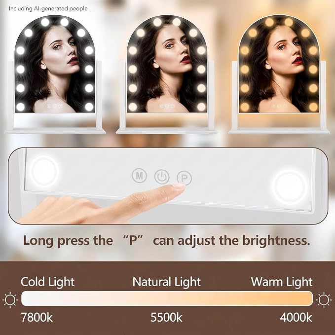 Arched Makeup Vanity Mirror with LED Lights Makeup Mirror Detachable 10X Magnification, Hollywood Make Up Mirror with Lighting, Smart Touch, Rechargeable,360° Rotation, White 18.5"x 14.17"