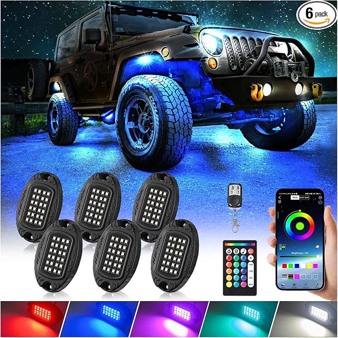 6 Pods Alloy LED Rock Lights for UTV ATV Golf Cart Truck RZR Offroad, Upgraded Waterproof Multicolor RGB Neon Underglow Kit for Cars with APP Music Mode, Metal Vehicle Underbody Light
