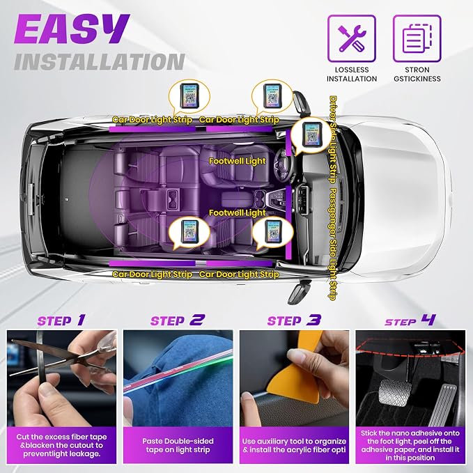 Acrylic Interior Car LED Strip Lights,dreamcolor 6-in-1 Car Ambient Lighting Kit, with APP Control, 622 LED Fiber Optic Strip Lights for Cars,Supports Neon Sync with Music DIY Mode.