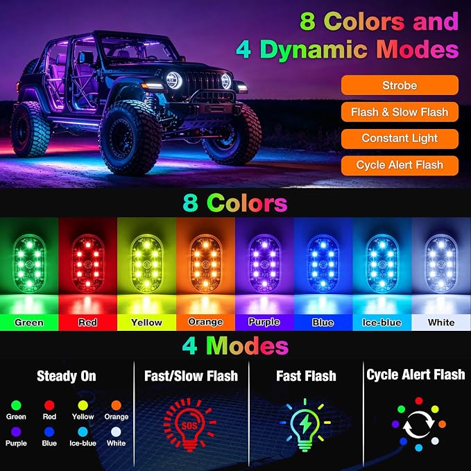 Magnetic LED Interior Car Lights, 8 Colors RGB Wireless Ambient Nightlight | USB Rechargeable Strobe Lighting with Remote & Touch Control, Vehicle Decor for Footwell Door Dash Glove Box – Car Truck SUV