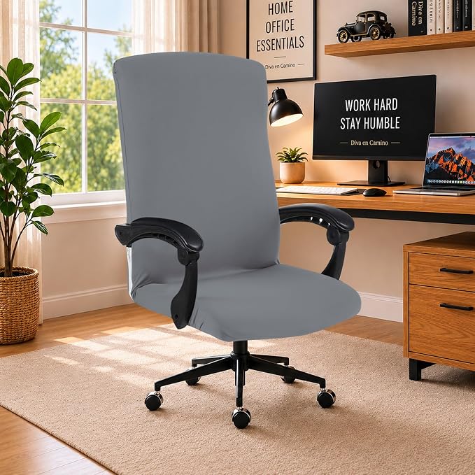 DIVA EN CAMINO DEC Stretchable Office Chair Cover with Durable Zipper, Soft Slipcover for Computer Desk Chair - Mid Gray