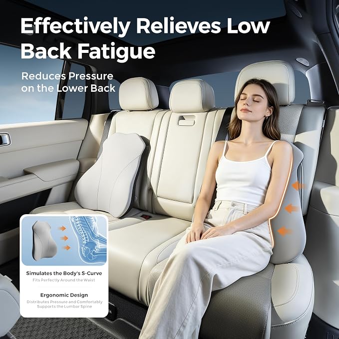 BABUR Lumbar Support Pillow for Car, Back Cushion Support for Driving Seat | Ergonomic 100% Memory Foam, Back Pain Relief, Comfort Lower Back Support for Office Chairs, Car Seat, Wheelchair