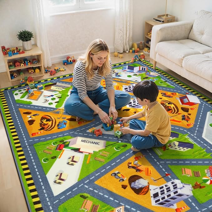 STARUIA Kids Carpet Playmat Rug, 5.3x6.6 Ultra Non-Slip Car Rug Play Mat Learn and Have Fun Educational City Road Car Carpet for Kids, Washable Car Kid Rugs for Boys Room Playroom Bedroom Nursery