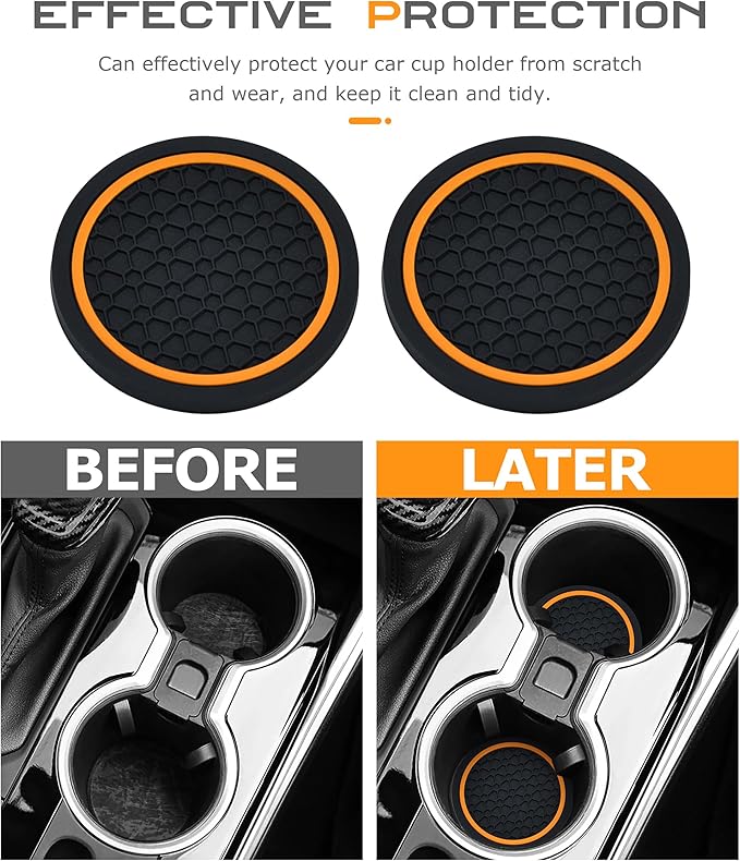 SCUARI 4PCS Car Coasters,Car Cup Coasters,Car Coasters for Cup Holders,Car Accessories Car Cup Holder Coaster,2.75 Inch No-Slip Anti Dust mats Cup Holder Insert Coaster,Fits Vehicles (Black&Orange)