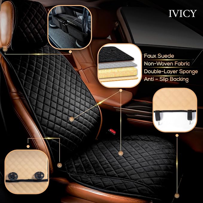IVICY Faux Suede Front Car Seat Cover – Non-Slip Bucket Seat Protector for Most Cars, SUVs, Vans & Trucks – 1 Seat Cover, Machine Washable, Side-Airbag Friendly, Black