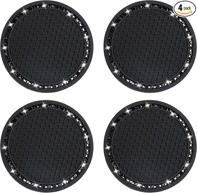 BFXM 4 PCS Bling Cup Holder Coasters for Car, 2.75 inch Diamond Universal Non-Slip Black Silicone Cup Holder Coasters, Sparkly Bling Car Accessories for Women(Black Diamond)