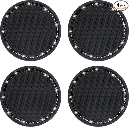 BFXM 4 PCS Bling Cup Holder Coasters for Car, 2.75 inch Diamond Universal Non-Slip Black Silicone Cup Holder Coasters, Sparkly Bling Car Accessories for Women(Black Diamond)