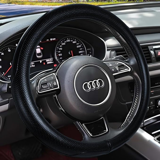 Haokay Heavy Duty Pure Cowhide Steering Wheel Cover, Genuine Leather Steering Cover with 15 Inches Universal Fit