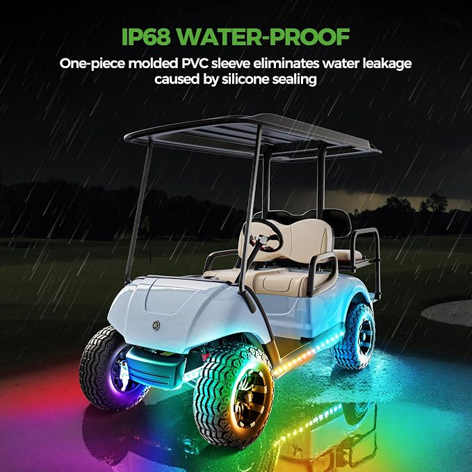 10L0L 4PCS Golf Cart Underglow LED Light Kit, Underbody RGB Strip Lights, 24-Mode Neon Accent Lighting, Music Sync, Wireless Remote, IP67 Waterproof, 12V-80V Input for EZGO Yamaha Club Car