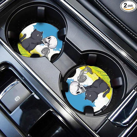 WOCOCN Cute Cup Holder Coasters for Your Car with Fingertip Grip, Auto Accessories for Women & Men,Pack of 2 (Black Cat and Skull)