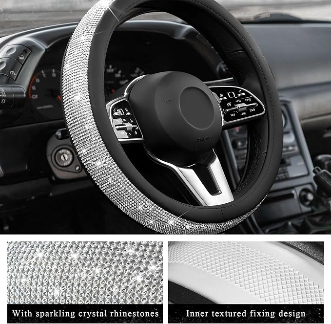 Diamond Leather Steering Wheel Cover, 15 Inch Bling Crystal Rhinestone Anti-Slip Wheel Protector, Universal Sparkling Elegant Diamond Steering Wheels Cover for Women Girl (White)
