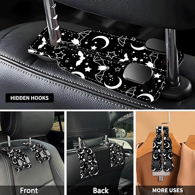 Car Seat Headrest Hook, Universal Leather Cute Hanger Holder Hook, Storage Organizer Interior Accessories for Purse Bags Handbag Black Cute Bats Moon