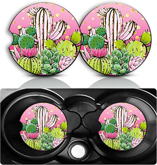 Cactu Car Cup Holder Coasters Set of 2 – Fun Cactu Car Accessories 2.75" Universal Size Anti Slip Rubber Mat Recessed Auto Insert Coasters Decor Cactus Succulent Gifts for Women Men Dad Grandpa