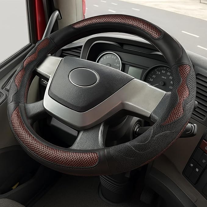 DaisyInner 17.5-18 Inch Steering Wheel Cover for Semi Truck No-Slip & Comfy Grip for Semi Trucks, Rv, Big Rig and 18 Wheelers(Mesh A,Leather,Burgundy)