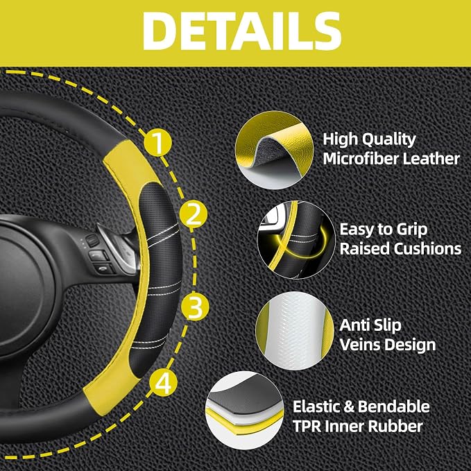 NBTEPEM 6 Pcs Yellow Car Accessories Set, Sport Leather Steering Wheel Cover 14.5-15inch Universal, Microfiber Leather Car Center Console Cover, Seat Belt Cushion, Cup Holder Coaster (Black-Yellow)