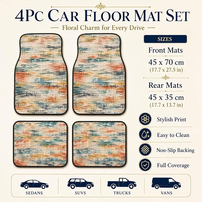 Color Abstract Car Floor Mats Set of 4 Distressed Boho Texture Car Accessories Foot Mats Rugs, Non-Slip,Decor for Universal Fit for Suvs Sedans Trucks Cars Auto Floor Carpets Rugs All-Weather