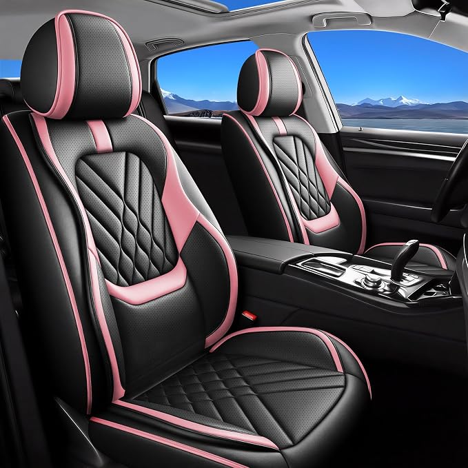 Fit Leaf Car Seat Covers Compatible with Nissan Leaf 2011-2024 2025 2026-Premium Leather,Waterproof,Breathable,Airbag Compatible &All-Weather Seat Cushion Protecto(Full Set,Pink)