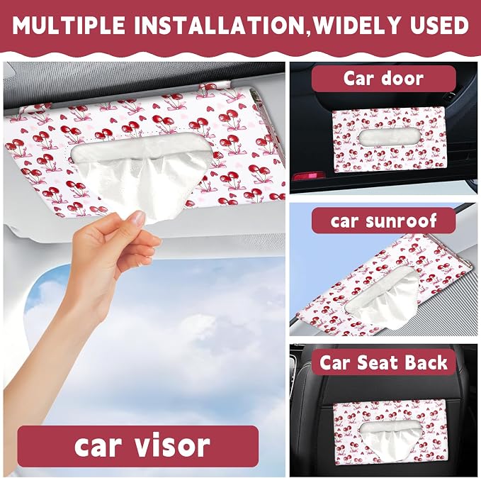 1Pcs Car Tissue Holder and 2 Pcs Sunglass Holder for Car,Magnetic Leather Sunglasses Holder Car Sun Visor Glasses Hanger Clip,Car Interior Accessories for Women(White Cherry)
