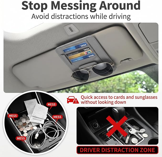 1 PC Car Sun Visor Organizer, Multifunctional Visor Storage with Card Slots and Pen Loop, for Sunglasses Documents and Cards, Universal for Most Cars, SUVs, Trucks (Gray)