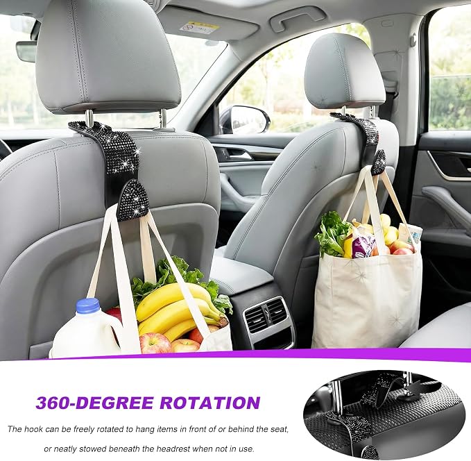 2 PCS Car Seat Headrest Hook, Crystal Rhinestone Seat Hanger Auto Interior Purse Holder, Bling Vehicle Backseat Hangers for Grocery Bags Handbags Coats, Car Accessories (Black)