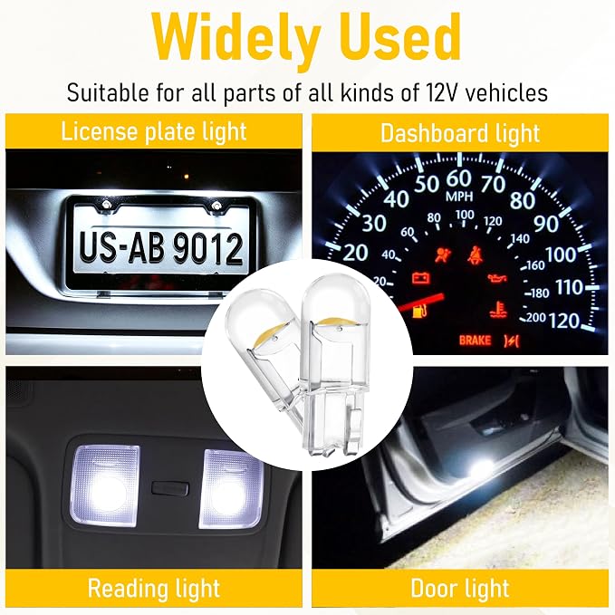 ecocstm 30 PCS Car 194 LED Bulbs, 168 2825 W5W T10 Wedge COB LED Replacement Bulb, Error Free Interior Bulb for Dashboard Light, Dome Lights (Yellow)