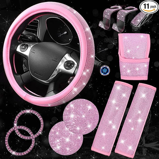 CAR PASS 11 PCS Bling Car Accessories Set for Women, Sparkly Rhinestone Diamond Steering Wheel Cover, Bling Seat Belt Cushion, Shift Knob Cover, Push Start Button Ring, Car Cup Holder Coaster, Pink