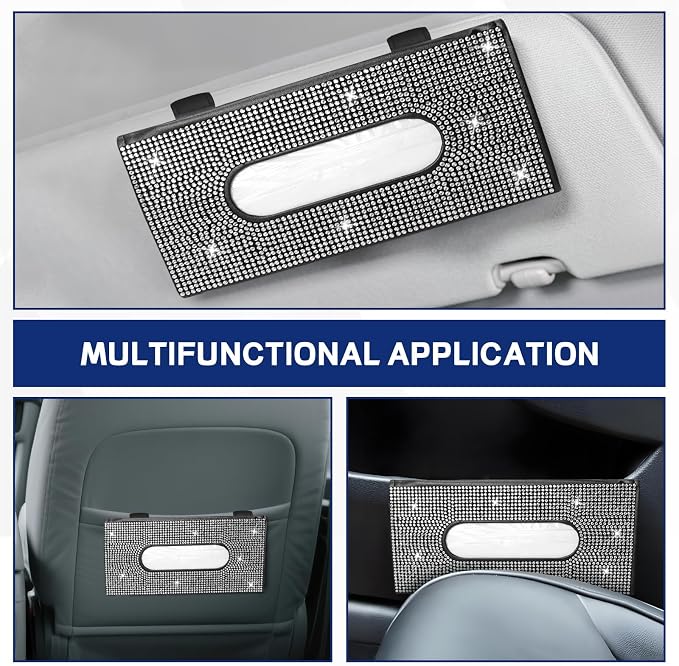 Bling Car Tissue Holder for Sun Visor, Crystal Rhinestone Visor Tissue Box, Leather Vehicle Paper Towel Case, Sparkling Auto Napkin Holder for Women, Car Accessories Decoration (White)
