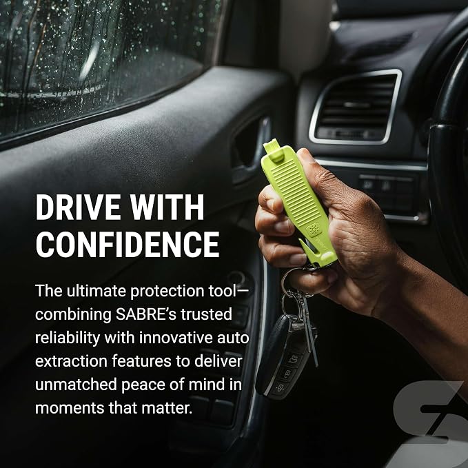 Sabre Safe Escape™ 3-in-1 Car Escape Tool for Car Safety with Spring-Loaded Window Breaker, No Swing Required, Seat Belt Cutter, LED Flashlight, Compact Auto Safety Tool for Emergencies