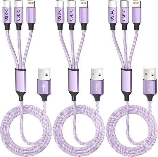 3Packs 4FT Multi Charging Cable with 2 USB-C/IP Port, Purple Charging Cords for Multiple Devices, USB C Splitter Cable, Multiple Charger Cord Travel Car Charger for iPhone17-8, Androids iPad and More