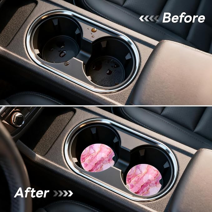 Car Cup Holder Ceramic Coasters 2 Pack, 2.56 in Anti Slip Absorbent Coaster with Cork Base and Finger Notch, Funny Cute Car Accessories Interior for Women, Pink Stone