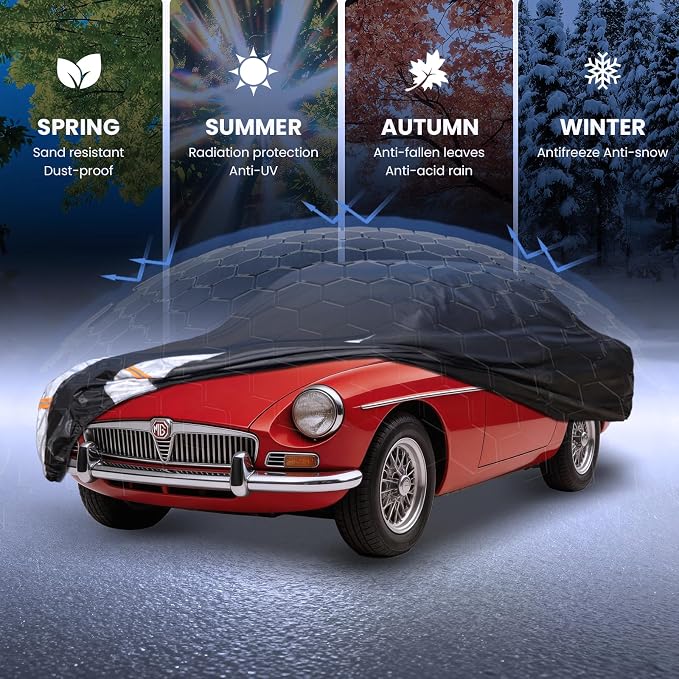Multi-Layer Car Cover Custom Fit for MG MGB(1962-1981), 100% Waterproof All Weather for Automobiles, Gift with Towel, Heavy Duty Car Covers for Rain Sun UV Protection with Door Zipper