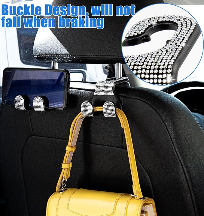 Bling Car Purse Hooks 2Pcs, Rhinestones Car Headrest Hook Backseat | Double Hooks,Holds 44Lbs,Wide Opening,Durable Nylon,Car Seat Hook,Purse Holder,Bling Car Accessories for Women,White