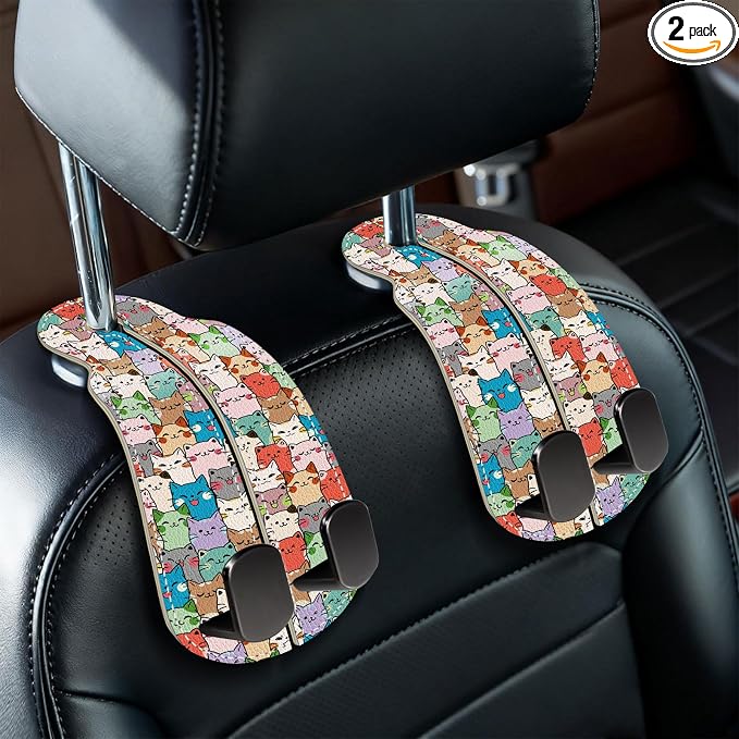 Blusabaca 2PCS Car Seat Back Storage Headrest Hooks, Cute Cats Purse Holder Bags Hanger, PU Leather Double Metal Hook for Backseat Organizer, Women Car Accessories Organization