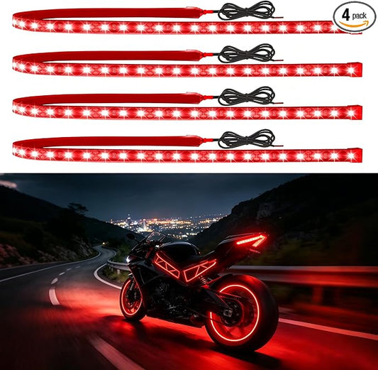 Car LED Strip Lights IP68 Waterproof Cuttable 24inch Red 4 Pcs | 12V Footwell & Underbody Lights, 5050 SMD Beads, Interior & Exterior Light, Fits SUVs, Trucks, Motorcycles, Boats, Golf Carts